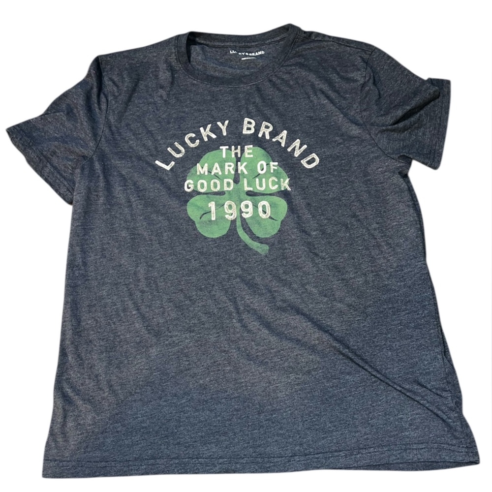 Lucky Brand Heather Navy Graphic Tee with Green Shamrock Large